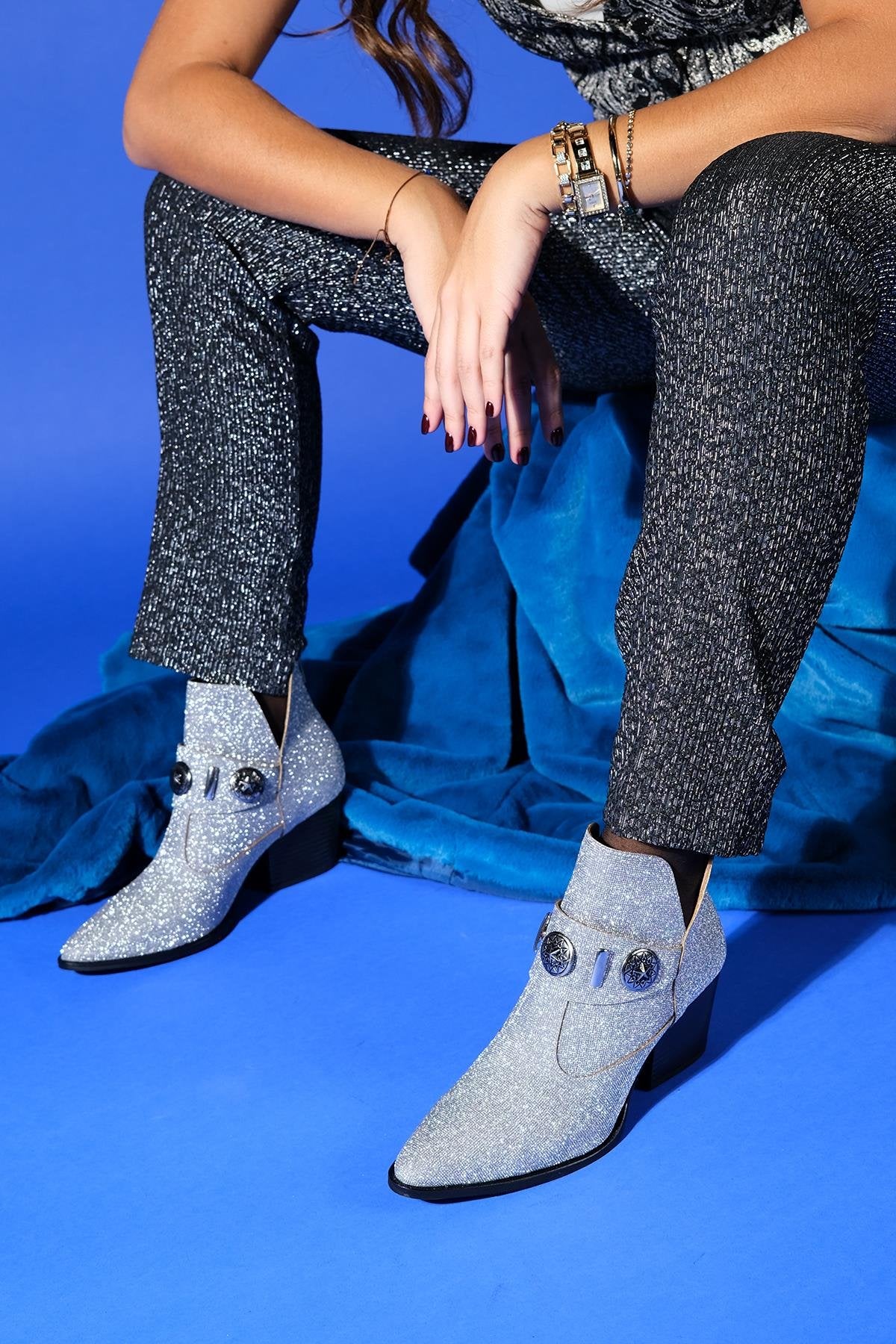 Kenda Silver Glitter Buckle Block Heel Boot (Women)