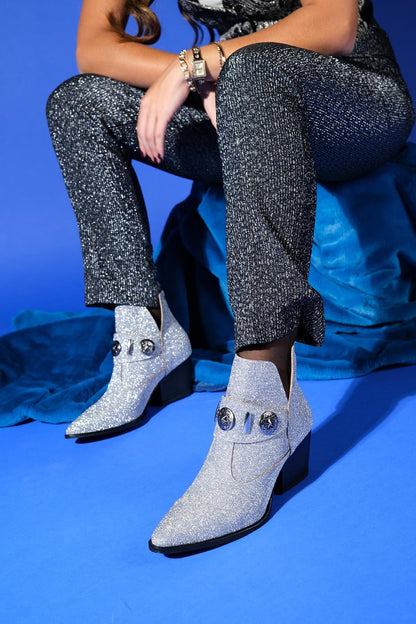 Kenda Silver Glitter Buckle Block Heel Boot (Women)